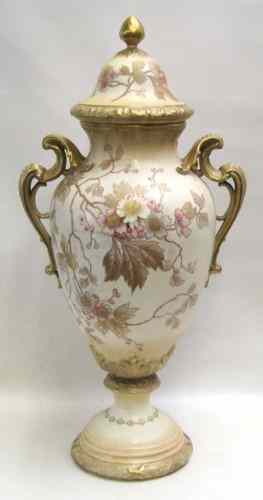 Appraisal: GERMAN ROYAL BONN PORCELAIN COVERED URN hand enameled floral decoration