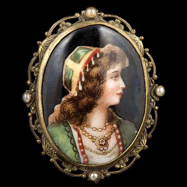 Appraisal: Pearl Detail Porcelain Brooch Pendant A painted portrait of lady