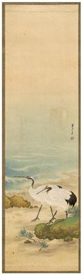 Appraisal: Japanese hanging scroll ink and color on silk two cranes