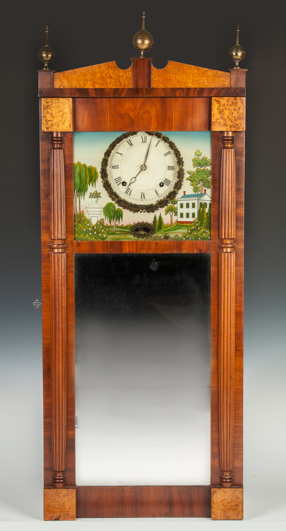 Appraisal: Ives Mirror Clock Mahogany and bird's eye maple case with