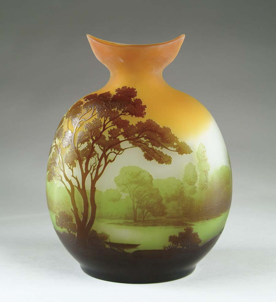 Appraisal: MONUMENTAL GALLE SCENIC VASE Large pillow form vase depicts a