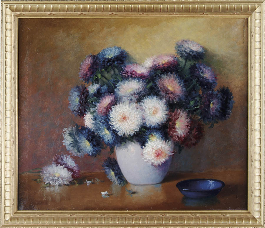 Appraisal: A D GREER American - VASE OF ZINNIAS Outstanding oil