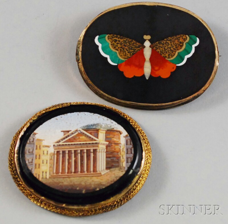 Appraisal: Two Antique Micromosaic and Pietra Dura Brooches a micromosaic scene