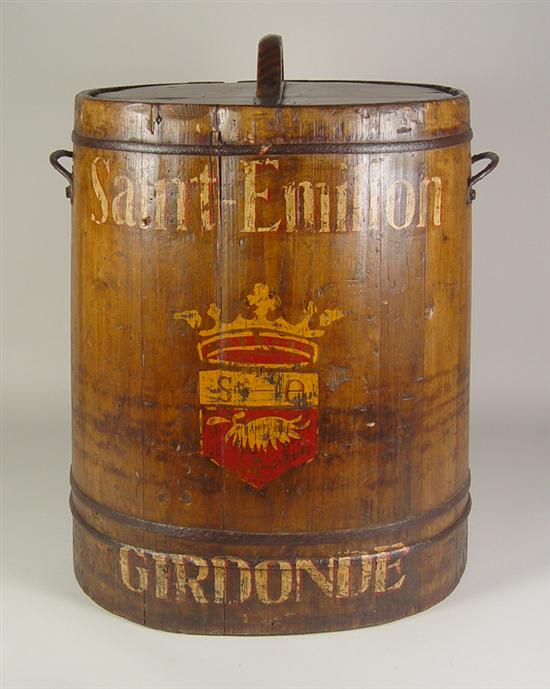 Appraisal: French Grape Gatherer's Barrel Iron bail handles Stenciled Saint Emilion