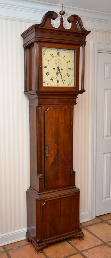 Appraisal: ENGLISH MAHOGANY GRANDFATHER CLOCK Bonnet with swan neck broken arch