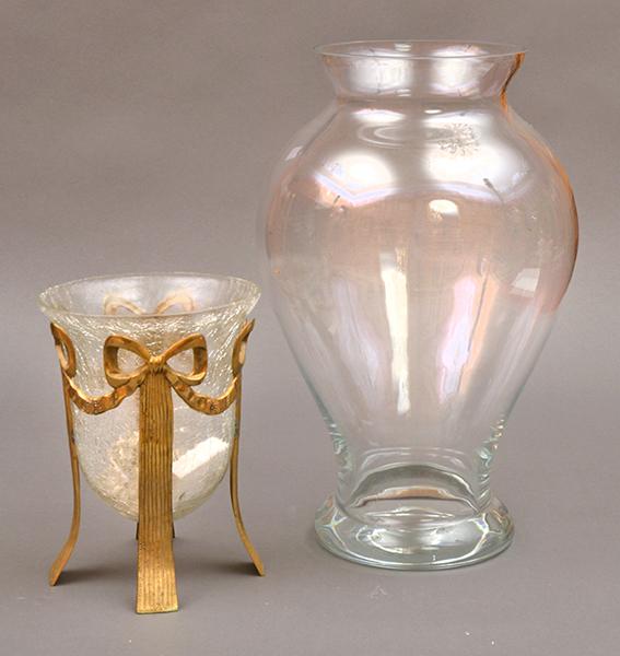 Appraisal: LARGE BALUSTER SHAPED CRYSTAL VASE TOGETHER WITH A CRACKLE-GLAZED CENTREPIECE