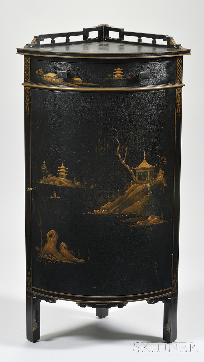 Appraisal: Irving Casson H A Davenport Chinoiserie-decorated Ebonized Quarter-round Corner Cabinet