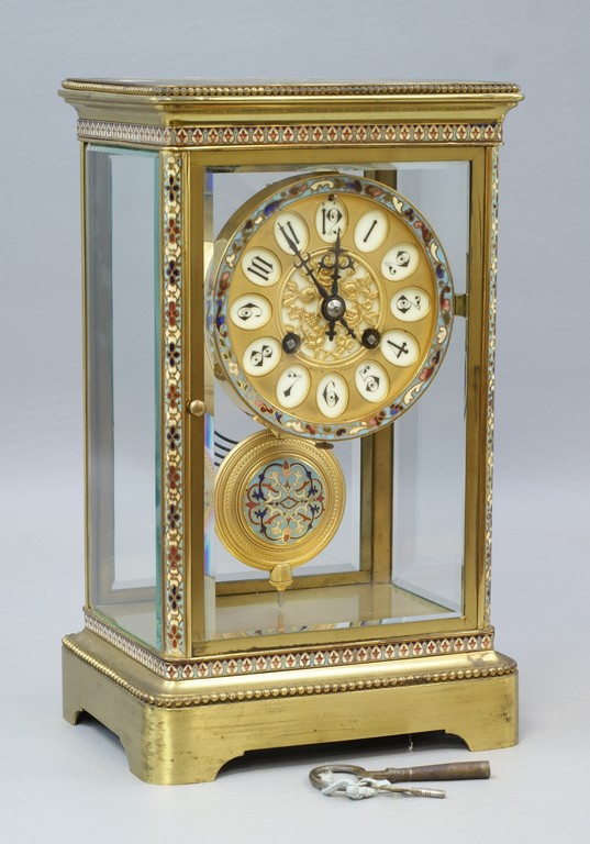 Appraisal: French brass and champlev enameled crystal regulator -day movement enameled