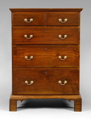 Appraisal: North Carolina walnut tall chest narrow proportions two-over-three drawers walnut