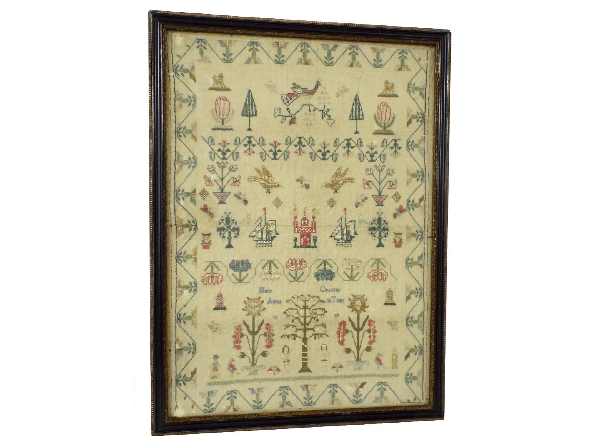 Appraisal: George III sampler by Mary Osborne decorated with sailing ships