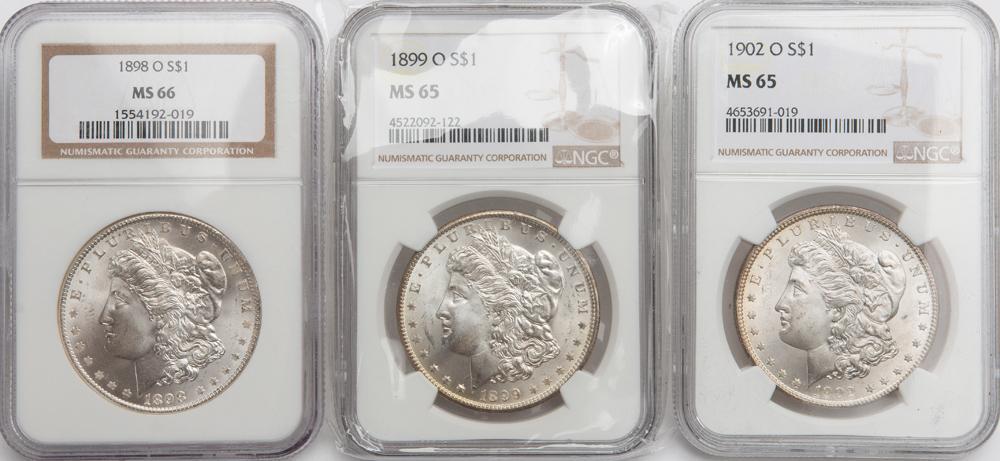 Appraisal: NGC GRADED MORGANS -O MS -O -O Three Morgan silver