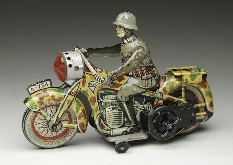 Appraisal: RARE GERMAN LITHO MOTORCYCLE German soldier rides in circle atop