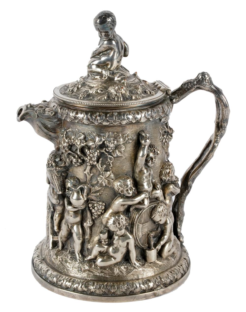 Appraisal: SILVER-PLATE TANKARDunmarked the hinged lid with figural finial the body