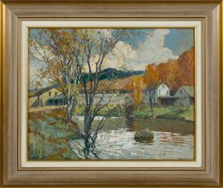 Appraisal: Frederick Mulhaupt American - oil on board titled Covered Bridge