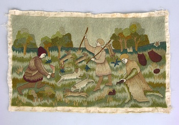 Appraisal: A Crewelwork Textile Scene A scene depicting rabbit hunting in