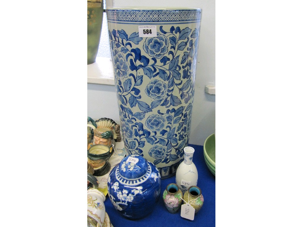 Appraisal: Oriental blue and white umbrella stand ginger jar small vase