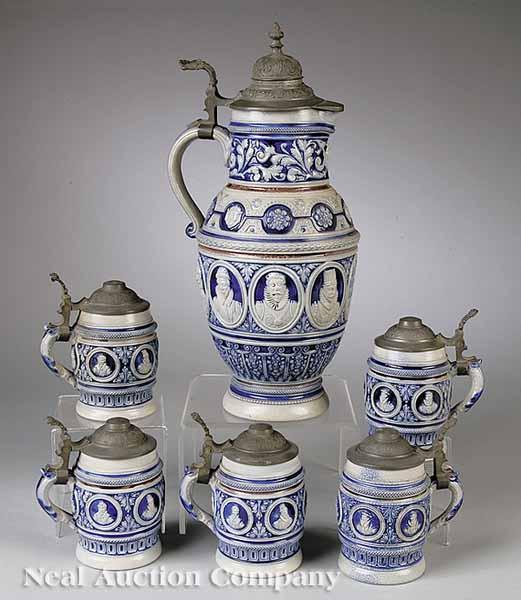 Appraisal: A German Mettlach-Style Stoneware Pitcher and Five Mugs early th