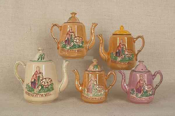 Appraisal: Five porcelain Rebekah at the Well teapots late th c