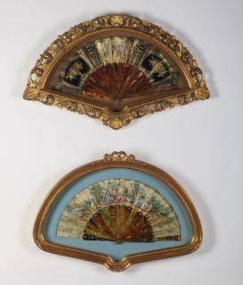 Appraisal: th c hand painted fans in shadowboxes Pair of th