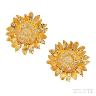 Appraisal: kt Gold and Diamond Earclips Asprey designed as sunflowers with