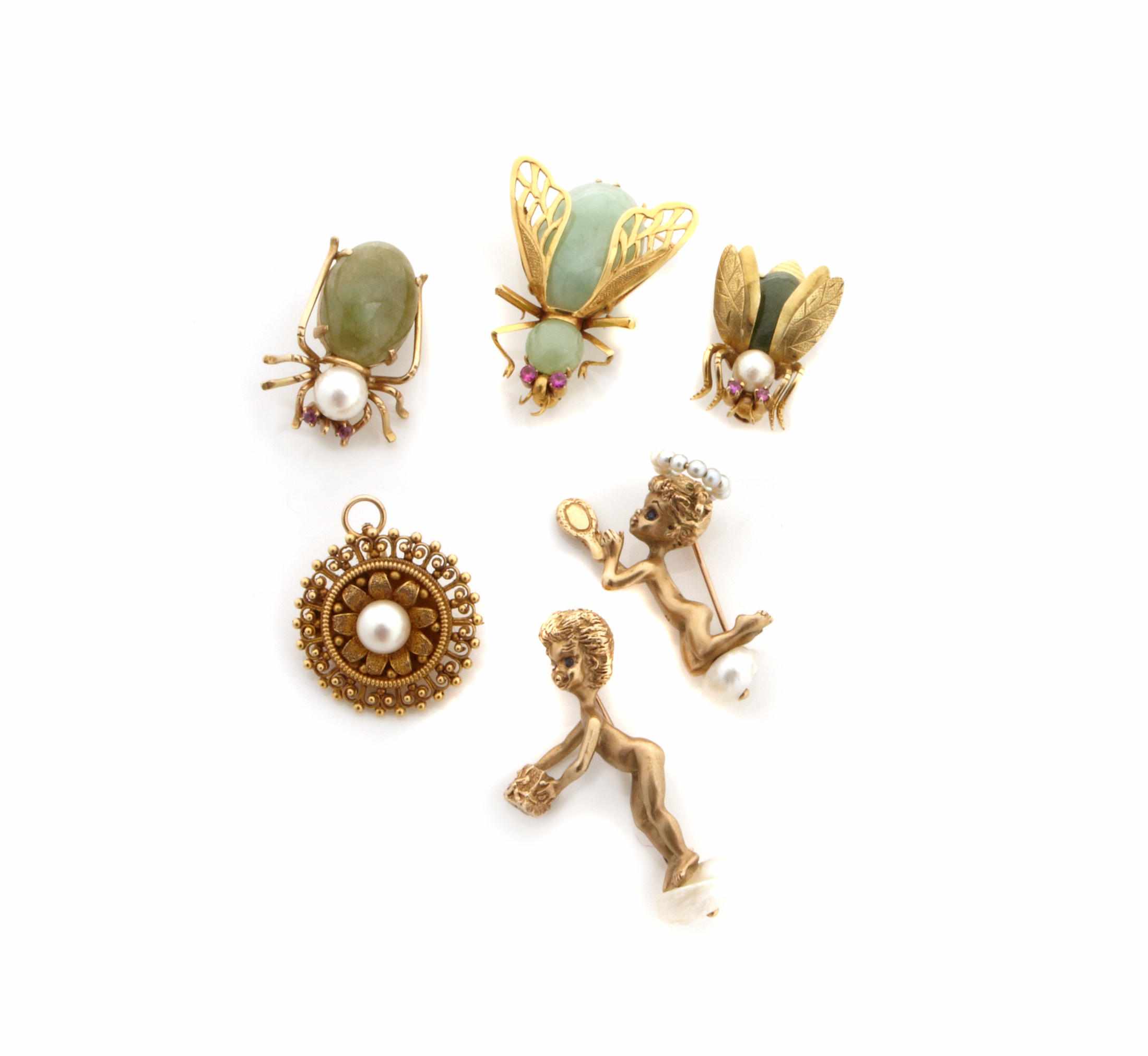 Appraisal: A collection of gem-set and gold brooches including bugs a