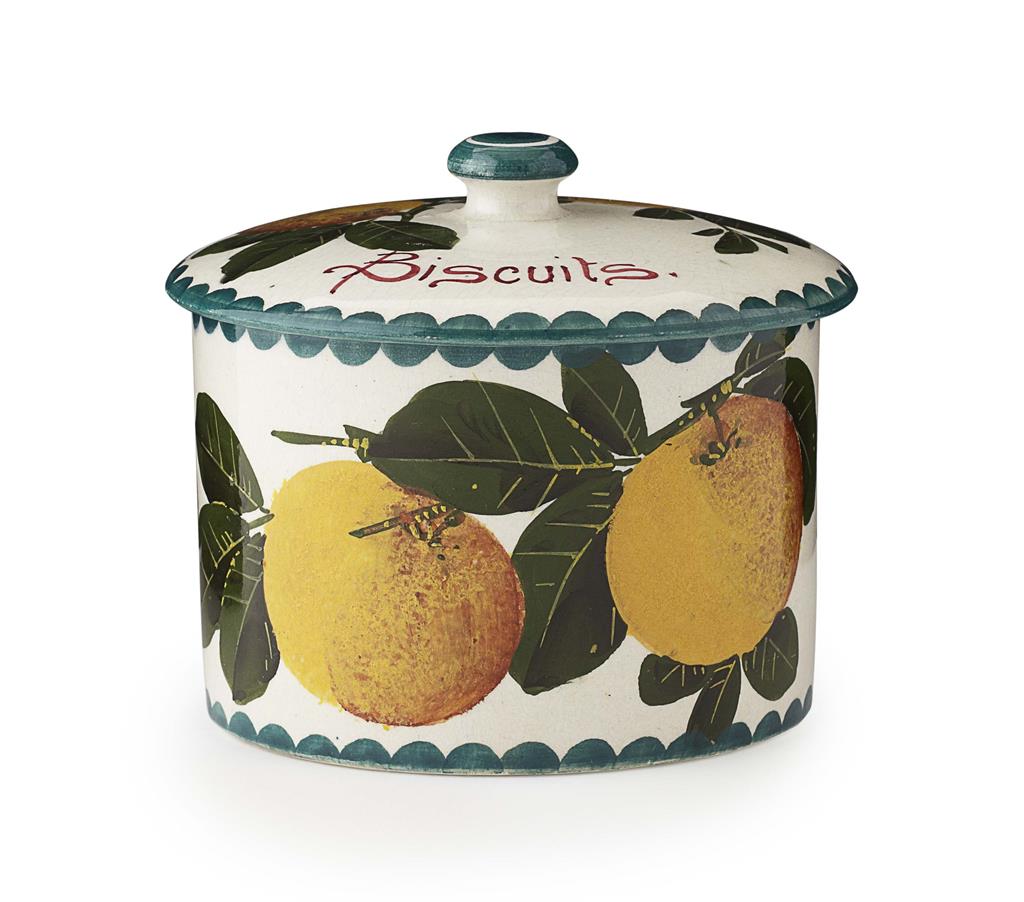 Appraisal: WEMYSS WARE AN 'ORANGES' BISCUIT BARREL COVER EARLY TH CENTURY