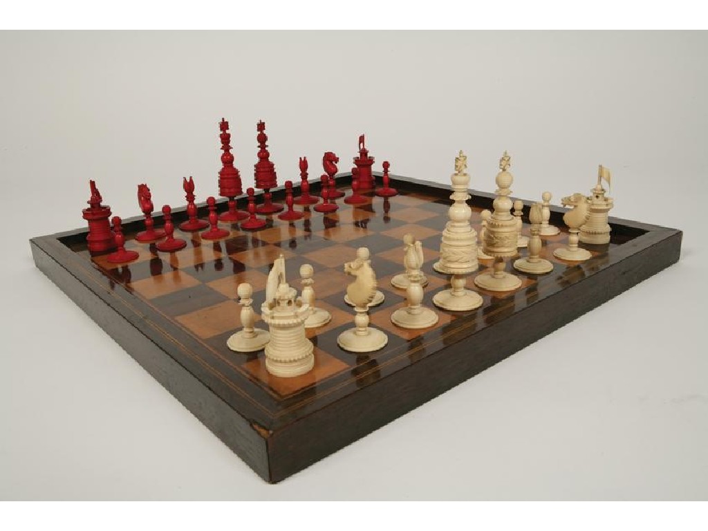 Appraisal: A CHINESE EXPORT NATURAL AND RED-STAINED IVORY CHESS SET the