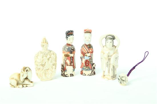 Appraisal: SIX IVORY FIGURES Asian st half- th century Two netsukes