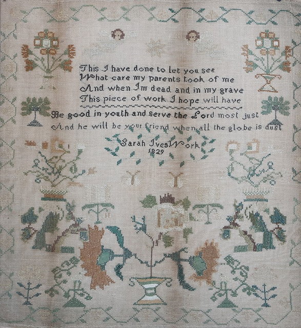 Appraisal: A CHILD'S NEEDLEWORK SAMPLER by Sarah Ives with poem angel