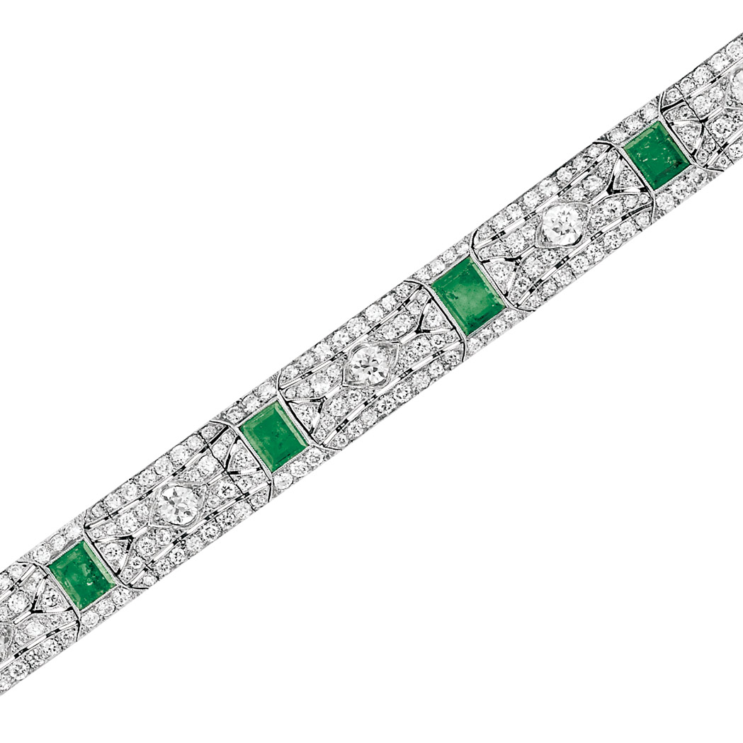 Appraisal: Art Deco Platinum Emerald and Diamond Bracelet The pierced strap