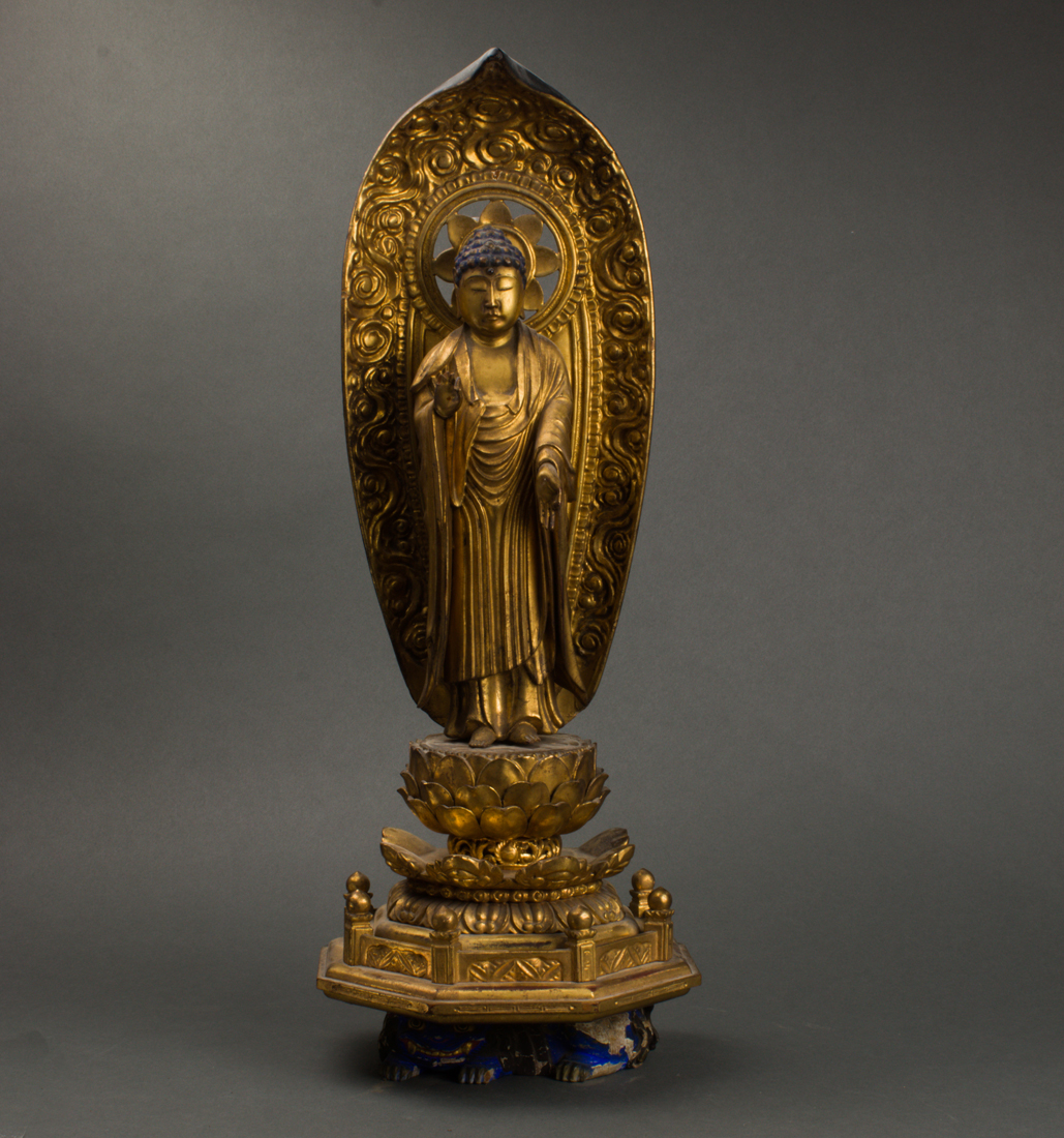 Appraisal: LARGE JAPANESE GILT LACQUERED SHRINE BUDDHA FIGURE Large Japanese gilt