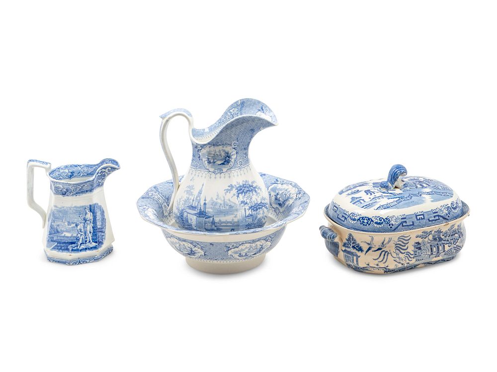 Appraisal: Four English Blue and White Transfer-Printed Ironstone Articles Height of