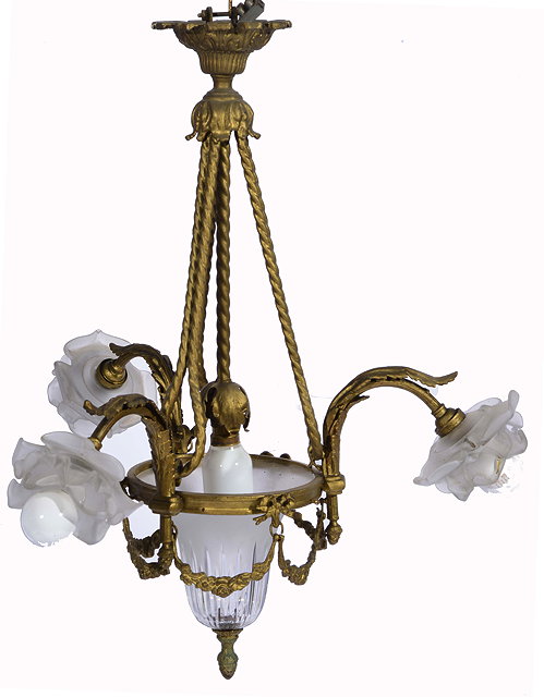 Appraisal: AN ANTIQUE GILT METAL HANGING LIGHT FITTING with fluted glass