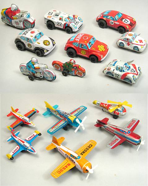 Appraisal: Collection of lithographed tin Japanese toy airplanes cars and motorcycles