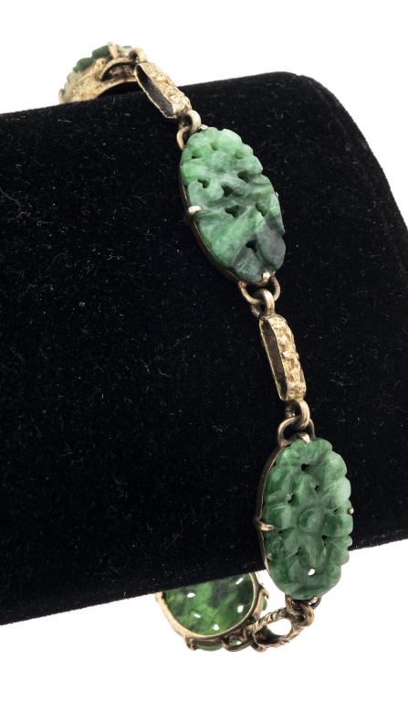 Appraisal: ANTIQUE VERMEIL HAND CARVED JADE BRACELET Antique vermeil gilded silver