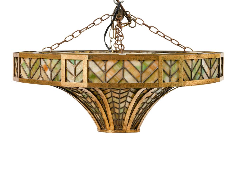 Appraisal: A Tiffany Style Brass and Colored Glass Hanging Light Fixture