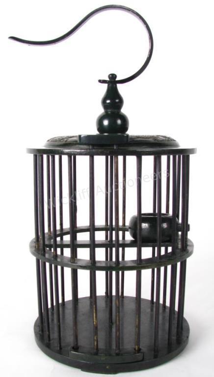 Appraisal: Vintage Oriental Metal Bird Cage black painted metal cage with