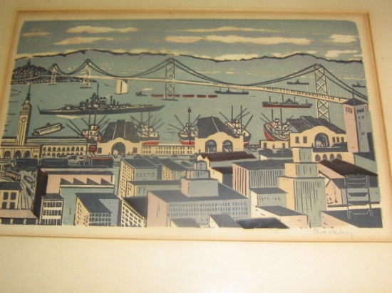 Appraisal: MILDRED RACKLEY Three color screenprints Fisherman in the Harbor Warship