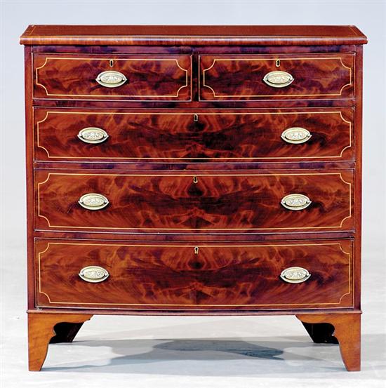 Appraisal: English inlaid mahogany bow front chest of drawers mid th