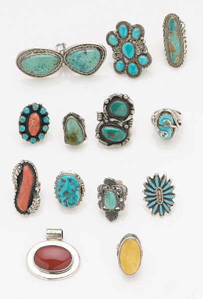 Appraisal: A collection of turquoise coral and silver jewelry comprising twelve