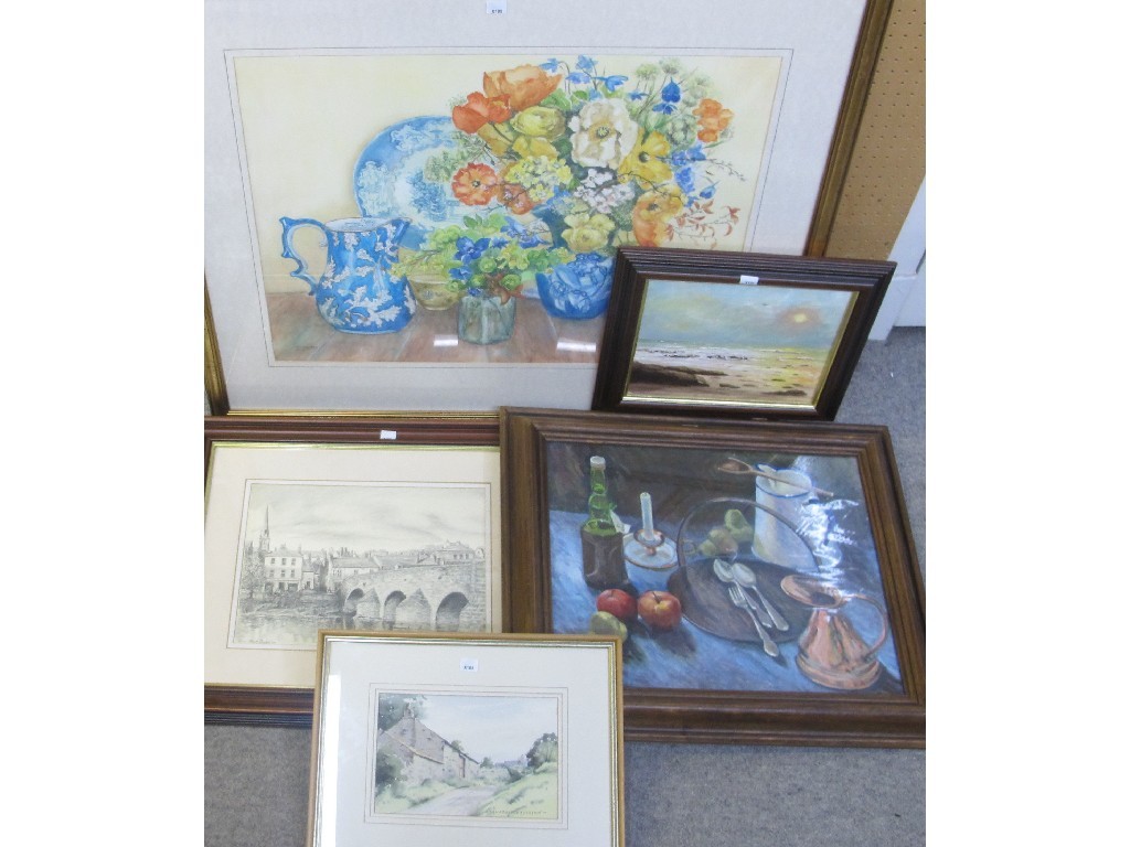 Appraisal: Lot comprising two oils two watercolours and a pencil drawing