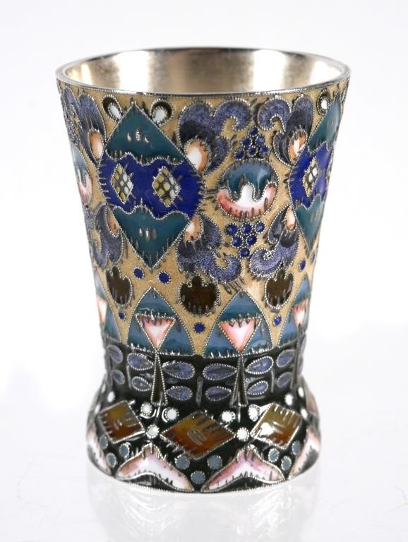 Appraisal: Russian silver and cloisonne enamel cup Marked zolotnik Approx tall