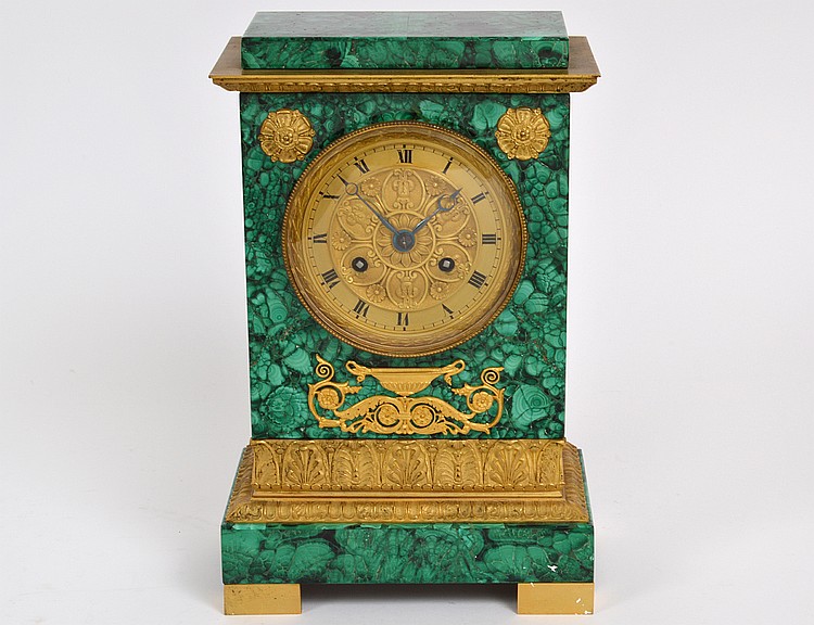 Appraisal: CHARLES X BRONZE MOUNTED MALACHITE CLOCKCirca The movement numbered Rectangular