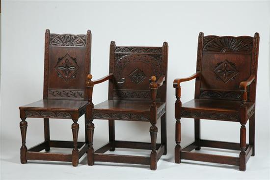 Appraisal: THREE JACOBEAN-STYLE CHAIRS Probably European late th century oak Two