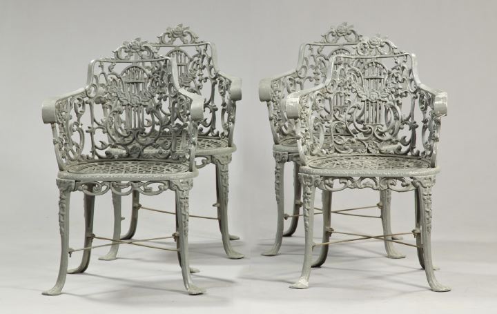 Appraisal: Suite of Four Polychromed Cast Aluminum Garden Chairs in the