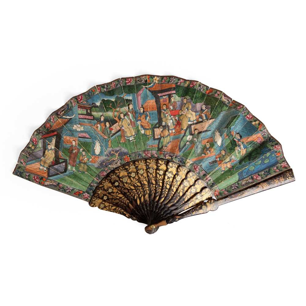 Appraisal: CANTON LACQUERED AND PAPER 'THOUSAND FACES' FAN QING DYNASTY TH