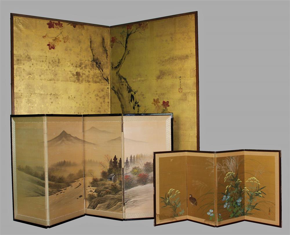 Appraisal: JAPANESE TWO PANEL SCREEN along with TWO FOUR PANEL SCREENS