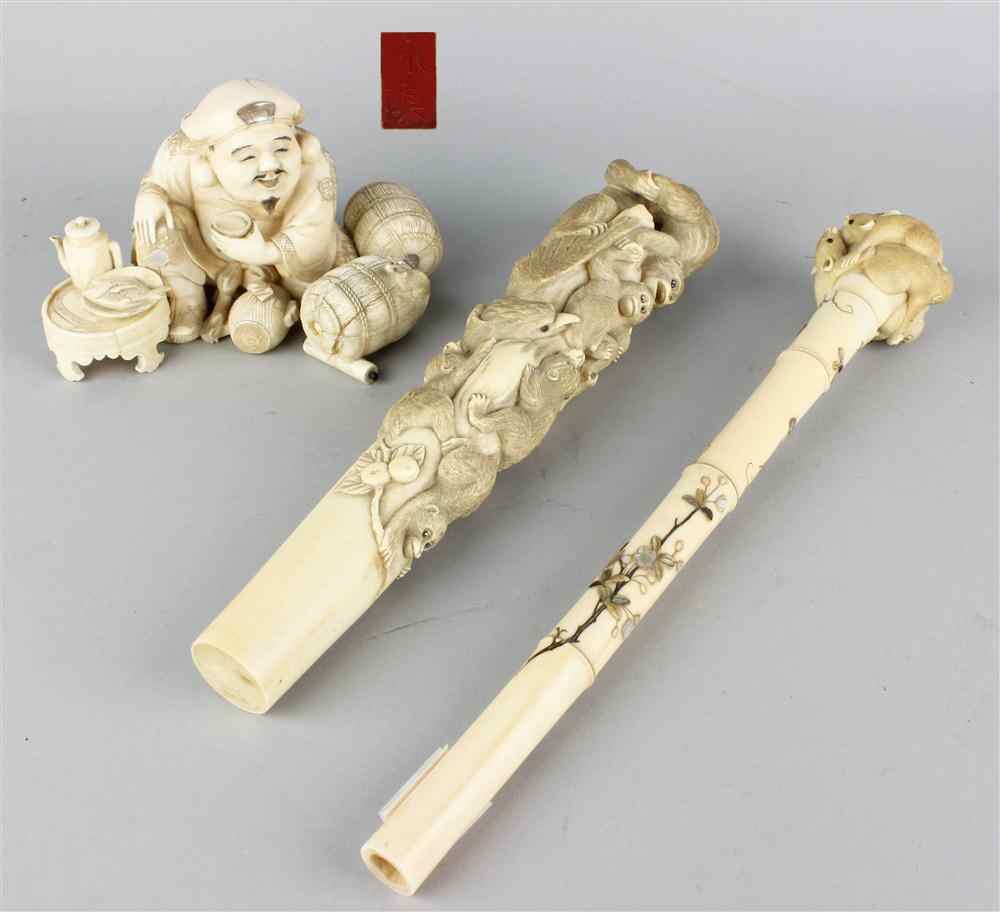 Appraisal: THREE JAPANESE CARVED IVORY OBJECTS TH CENTURY including a monkey