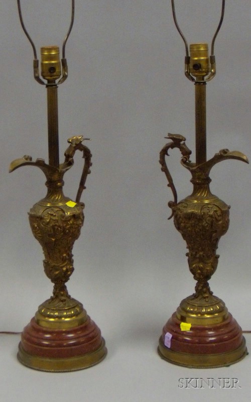 Appraisal: Pair of Renaissance-style Cast Brass Ewer-form Table Lamps with Red