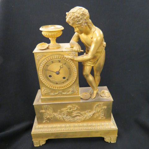 Appraisal: French Empire Style Figural Clock dore finish man standing beside